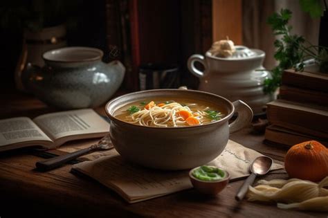 Premium AI Image | A bowl of soup with a spoon on a table next to a book.