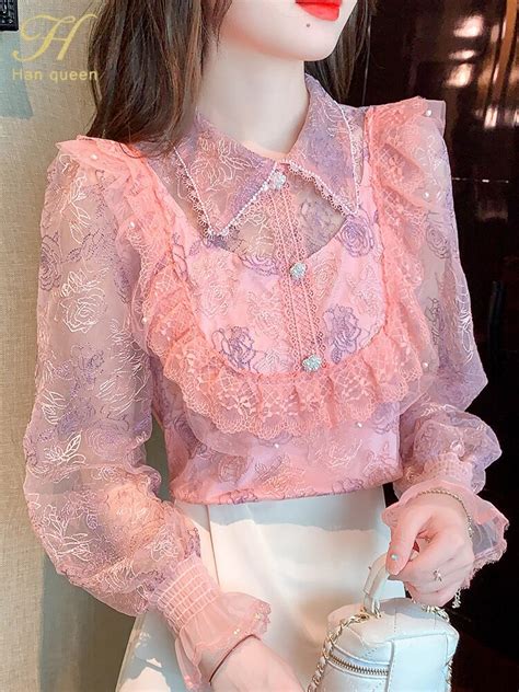 H Han Queen Blusa Solta De Chiffon Feminina Renda Bordada Tops Vintage