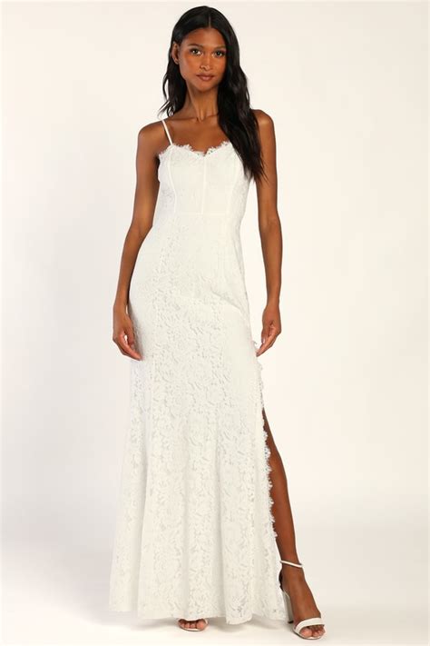 Sultry White Maxi Dress Floral Lace Maxi Dress Side Slit Hem Lulus