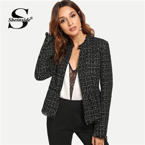 Sheinside Black Autumn Jacket Women Zip Up Hem Peplum Tweed Coat Casual