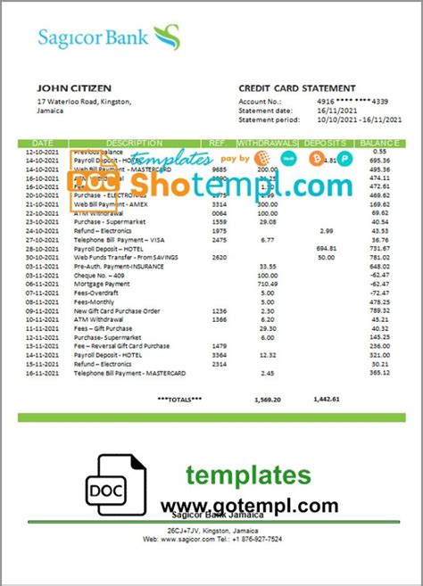 Jamaica Sagicor Bank Statement Template Word And Pdf Format Doc And