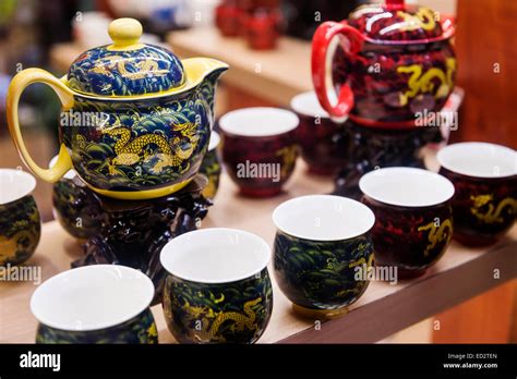 Chinese Tea Sets Painted Decorative Teapots And Cups On Display At A