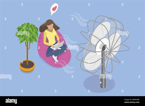 D Isometric Flat Illustration Of Enjoying Cool Wind Breeze Blowing On Hot Weather Stock Photo