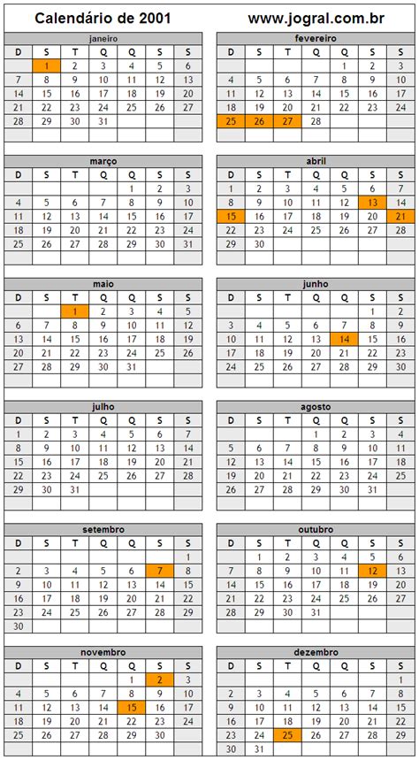 Calendário Do Ano 2001 Para Imprimir Em Formato Pdf E Imagem