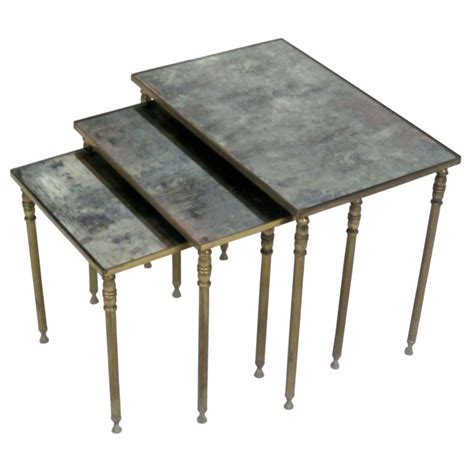 Set 3 French Modern Neoclassical Brass And Mirror Nesting Tables By