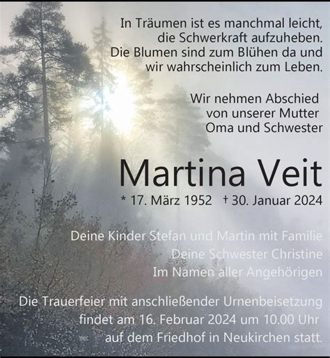 Traueranzeigen Von Martina Veit Trauer Anzeigen De