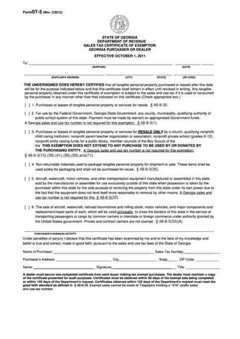 Department Of Revenue Sales Tax Certificate Of Exemption Form St 5