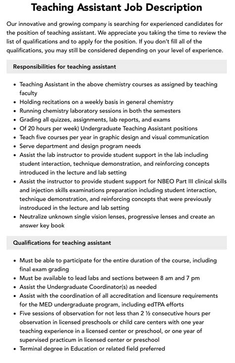 Teaching Assistant Job Description Velvet Jobs