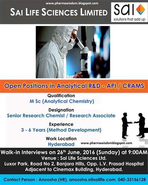 SAI LIFE SCIENCES LTD Walk In Interview For Analytical R D API On 26th