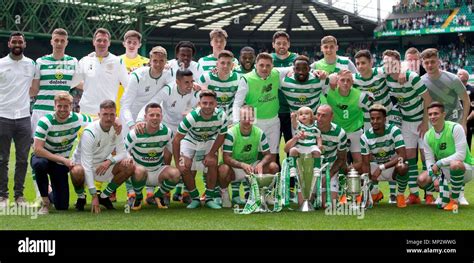 Celtic Squad With Their Trophies During The Testimonial Match At Celtic