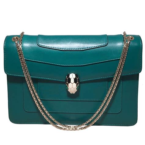 Bulgari Jade Green Leather Jeweled Snake Head Clasp Shoulder Bag For