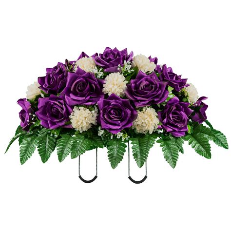 Sympathy Silks Artificial Cemetery Flowers Purple Open Roses Peach