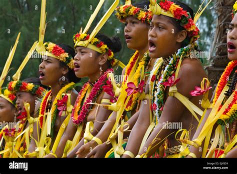 Yapese girls in traditional clothing singing and dancing at Yap Day Festival, Yap Island ...