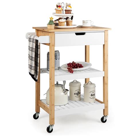 Gymax Tier Kitchen Island Cart Rolling Service Trolley W Bamboo Top