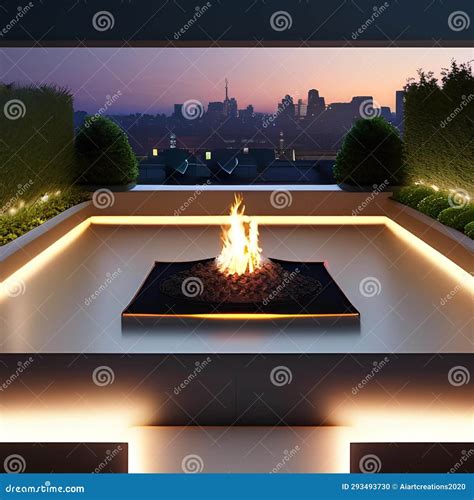 A Contemporary, Rooftop Garden with a Fire Pit, Lush Vegetation, and