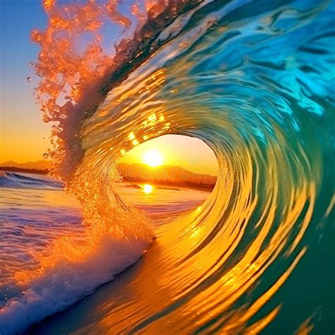 Breaking Barrel Wave For Surfing With Warm Sunset Background Stock