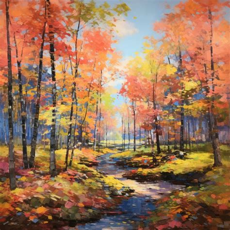 Autumn Forest Watercolor Painting Colorful Autumn Landscape Stock