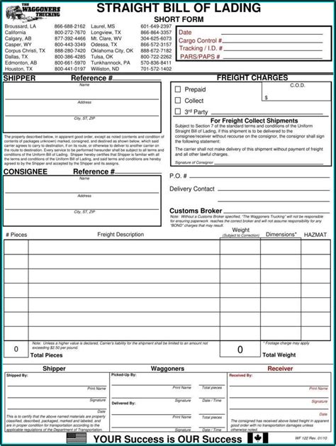 Uniform Straight Bill Of Lading Original Printable Fedex Ground Form