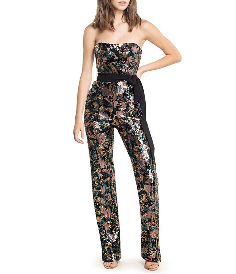 Dress The Population Andy Sequin Strapless Bustier Contras Tie Waist Belt Jumpsuit Dillards