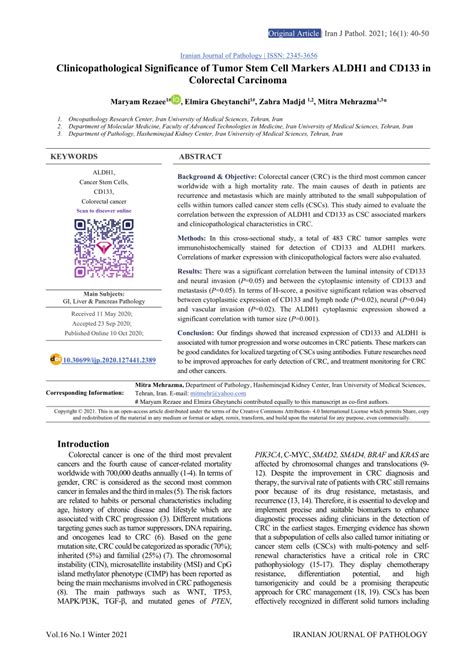 Pdf Clinicopathological Significance Of Tumor Stem Cell Markers Aldh1