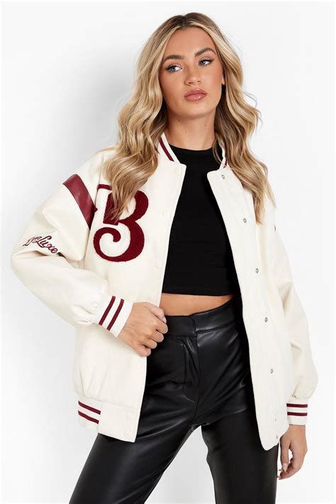 Pu Sleeve Oversized B Varsity Bomber Jacket Boohoo