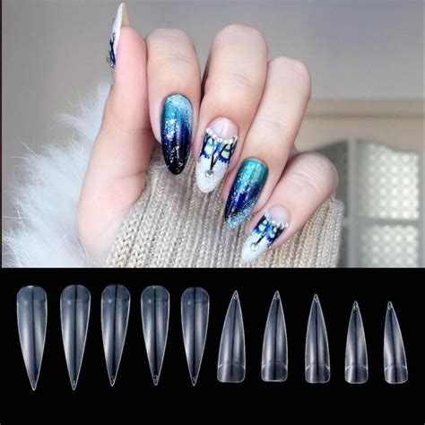 Nail Art Clear Natural White Full Cover Long Sharp Stiletto False Fake