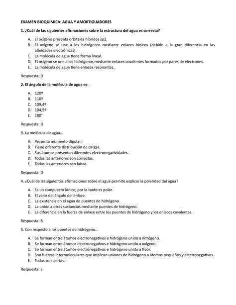 Examen Bioquímica Preguntas sobre la estructura del agua EXAMEN