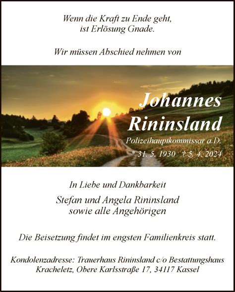 Traueranzeigen Von Johannes Rininsland Trauer HNA De