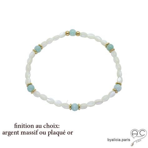 bracelet nacre blanche amazonite argent plaqué or fait main bohème TOUR