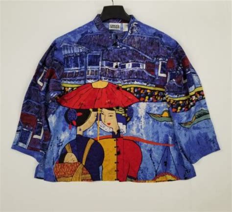 Chicos Design Silk Blouse Size 1 Us 8 M Japanese Geisha Girl Blue