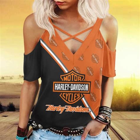 Harley Davidson Womens Cold Shoulder T Shirt With Criss Cross Strips