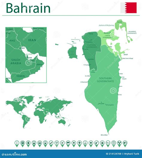 Gedetailleerde Kaart En Vlag Van Bahrein Bahrein Op Wereldkaart Vector