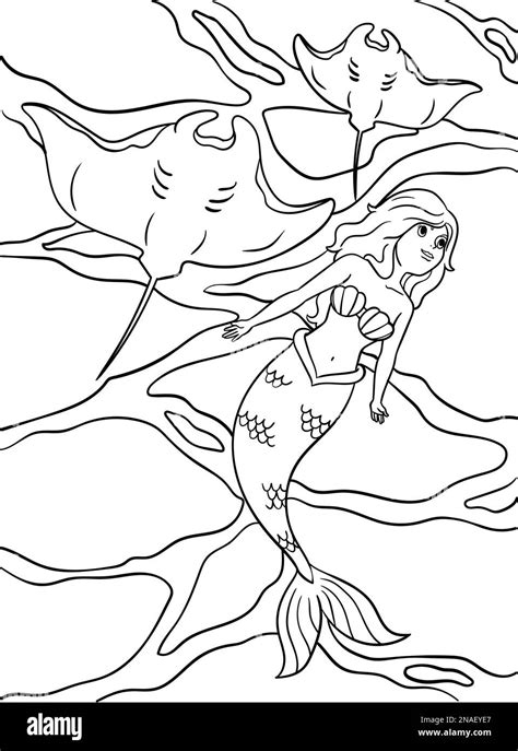 Mermaid With Manta Ray Coloring Page For Kids Stock Vector Image And Art