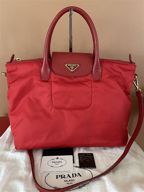 Authentic Prada Red Tessuto Nylon Saffiano Tote Cross Gem