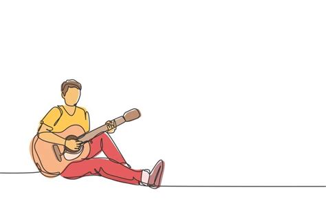 Premium Vector One Continuous Line Drawing Male Guitarist Sitting Relax On The Floor While