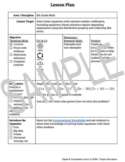 Math Lesson Plan Linear Equations 8th Grade The Center For Depth