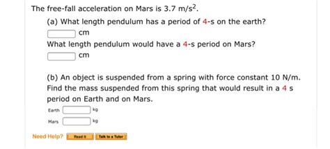 Solved The Free Fall Acceleration On Mars Is 3 7 M S2 A