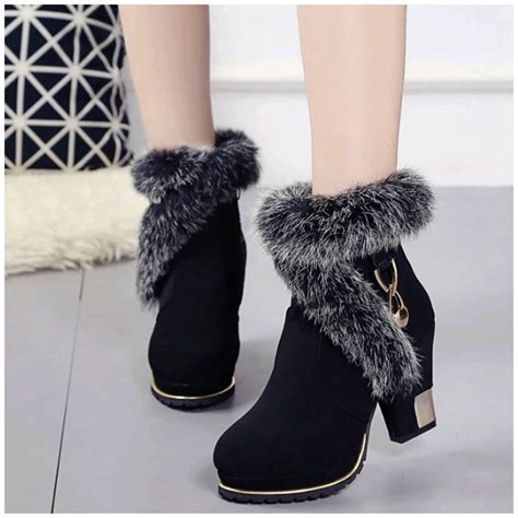 Winter Fur Fashion High Heel Wild Martin Boots Women's Ankle Boots Platform Warm Snow Boots ...