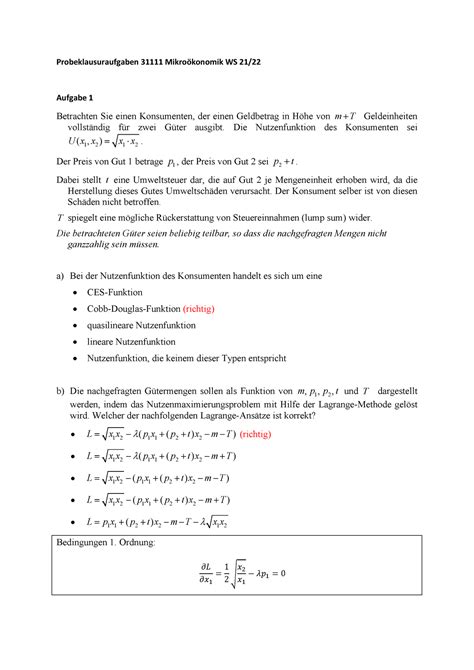 Hagen 31111 Mikro Probeklausur 2021 22 WS Lösung Probeklausuraufgaben