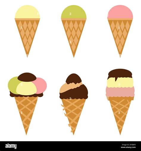 Ice Cream Set Flat Design Different Filling Waffle Cones Isolated