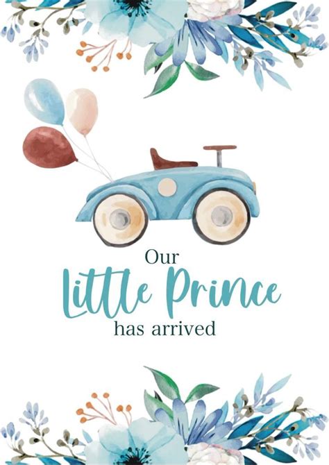 A Blue Car With Balloons And Flowers On It Is The Words Our Little