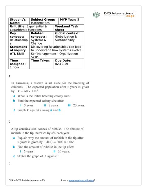 Math Task Sheet Myp Students Name Subject Group