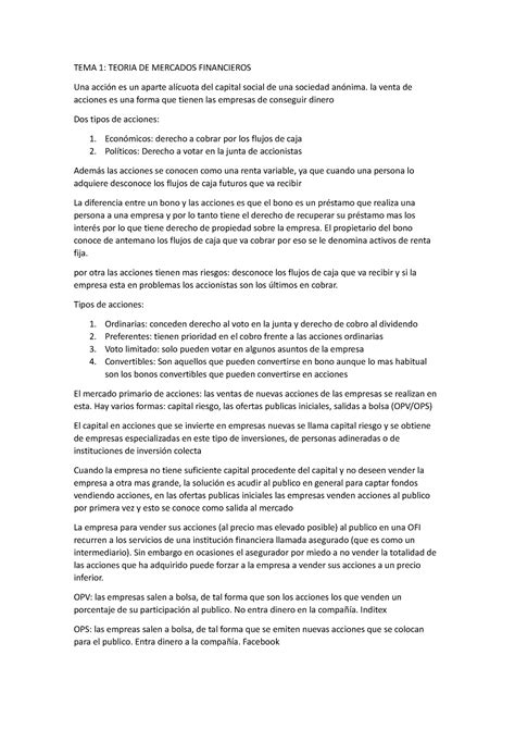 Apuntes de temas TEMA 1 TEORIA DE MERCADOS FINANCIEROS Una acción es