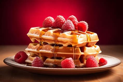 Premium AI Image A Stack Of Waffles With Syrup And Raspberries