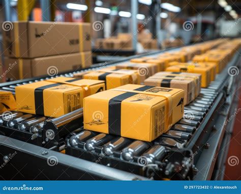 Parcel Delivery Concept Cardboard Boxes On A Conveyor Stock Photo