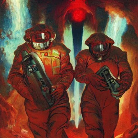 Two Scientist Wearing Red Hazmat Suits Entering The Stable Diffusion