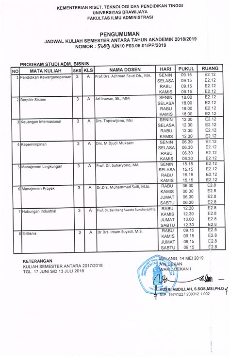 Jadwal Semester Antara Sa T A Program Sarjana Fia Ub