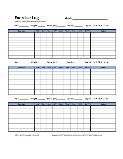 Simple exercise log sample in Word and Pdf formats