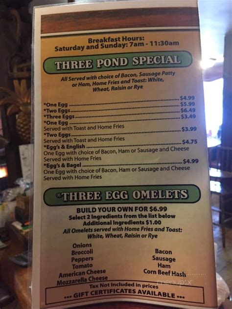 Menu Of Three Ponds Tavern In Milton Nh 03851