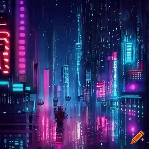 Neon Lit Futuristic City Under A Rain